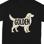 Black t-shirt with a cream-colored silhouette of a Golden Retriever with the word "GOLDEN" inside.