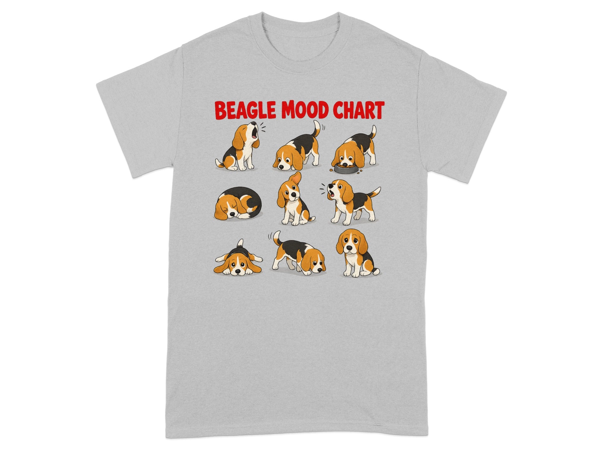 Beagle mood chart illustration with nine cartoon beagles in various poses.