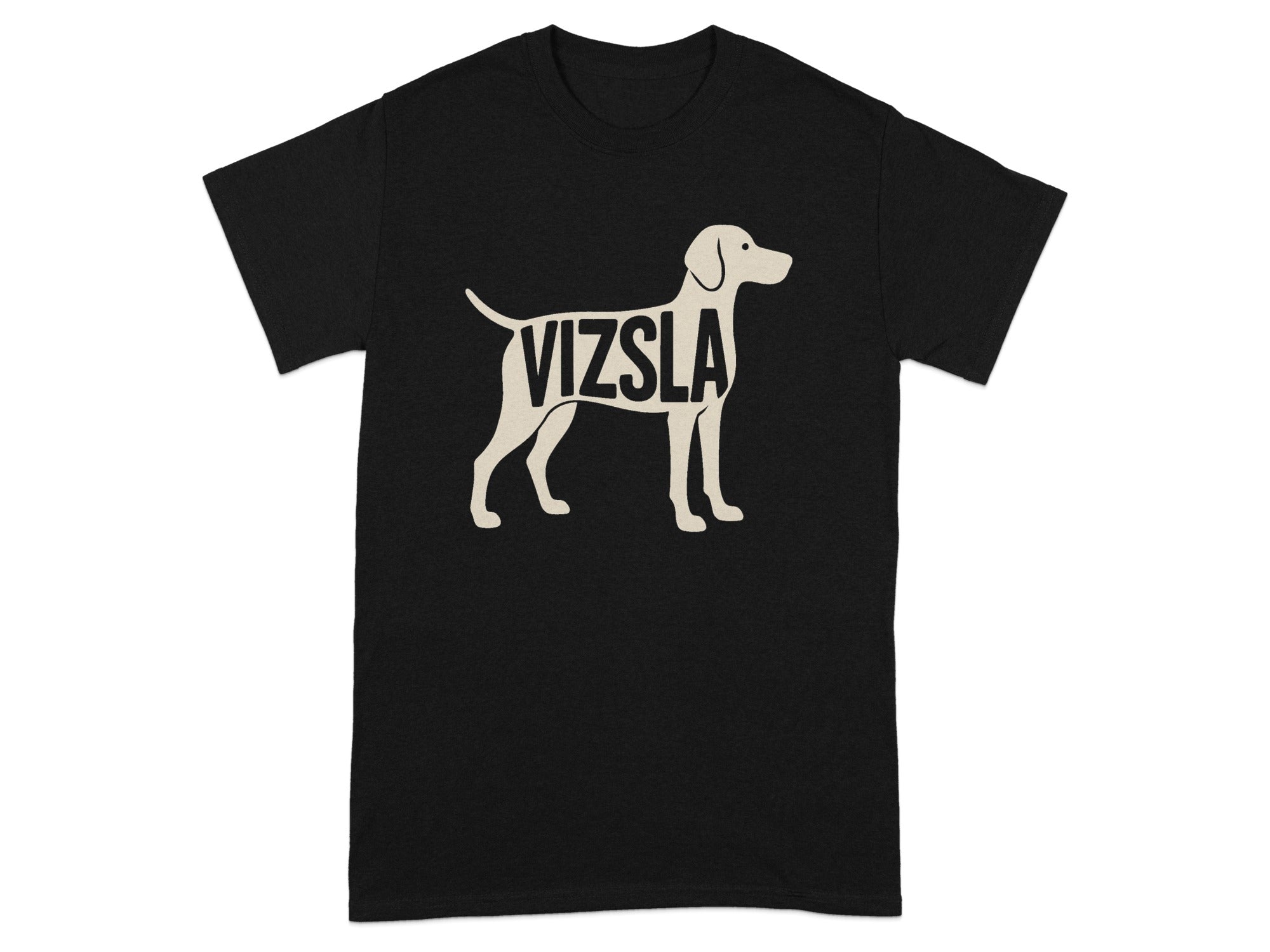 Black t-shirt with a beige outline of a vizsla dog with the word "VIZSLA" inside.