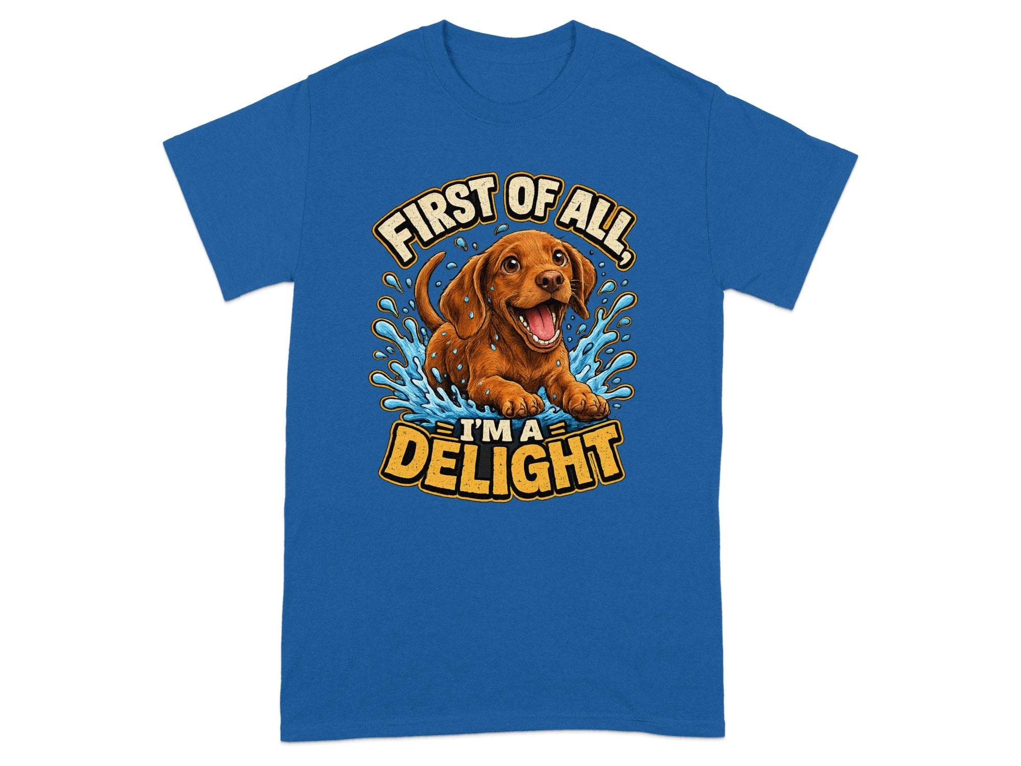 Blue t-shirt with a cheerful dachshund splashing in water.
