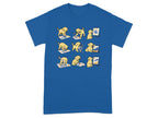 T-shirt with cartoon golden retrievers painting on canvases and palettes.