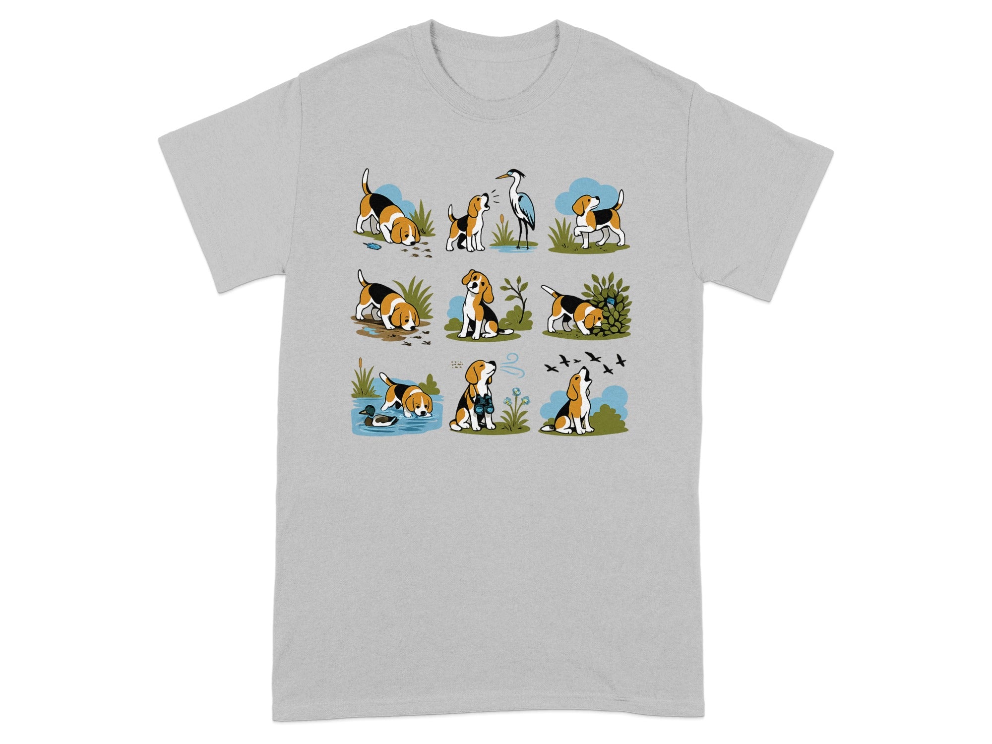 Cartoon beagles interact with nature, including a heron, ducks, and birds.