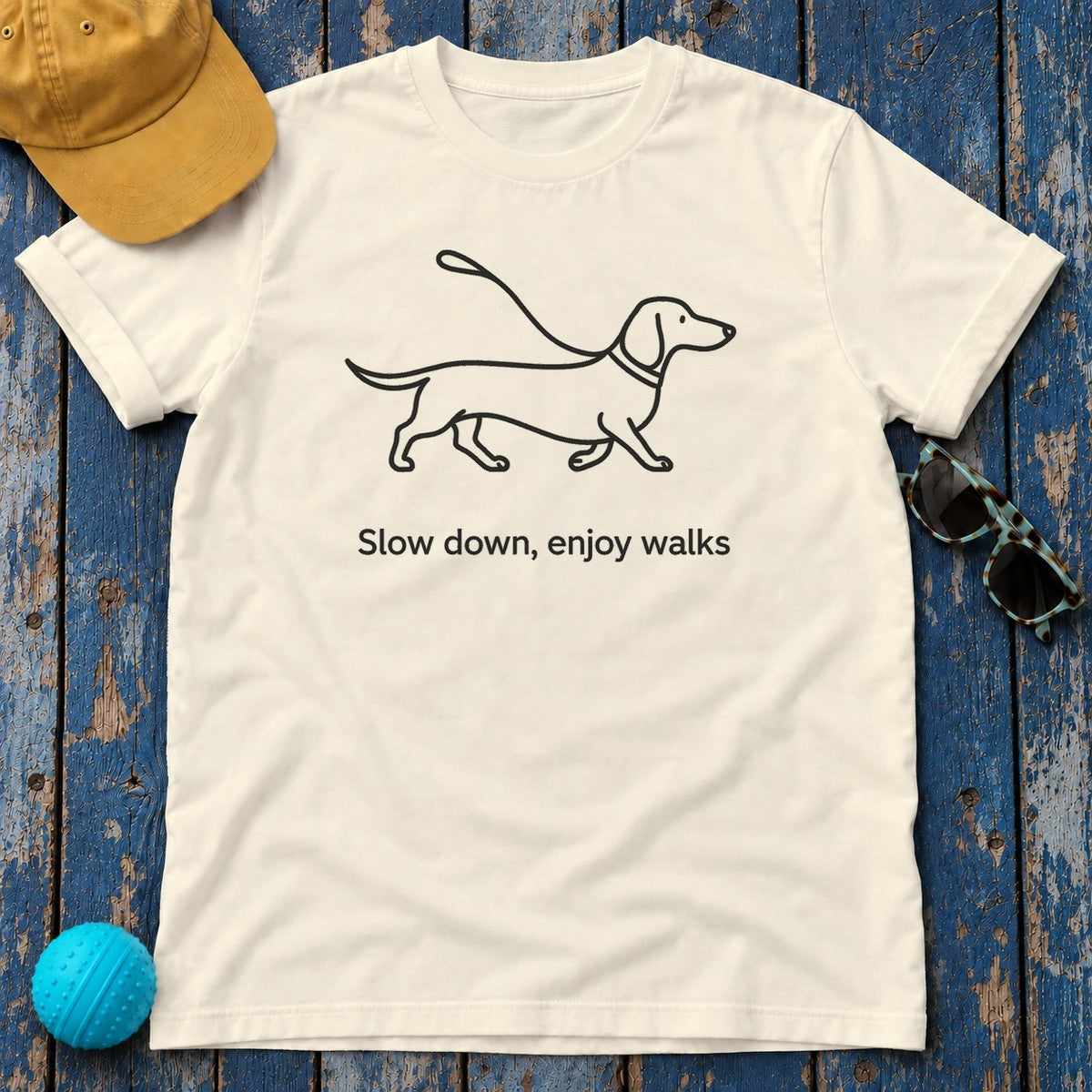Dachshund Stroll Minimalist T-Shirt in Natural