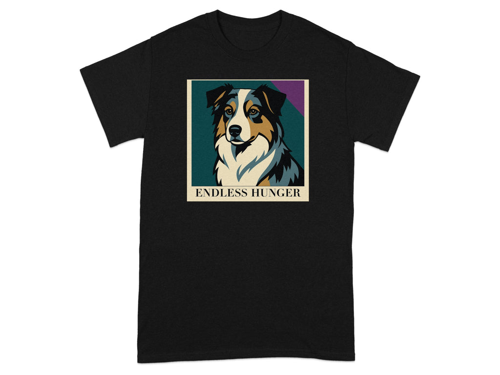 Black t-shirt with graphic of an Australian Shepherd dog and text "ENDLESS HUNGER".