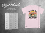 Gildan 5000 size chart with shirt graphic: "Sorry I'm Late My Beagle Found Something".