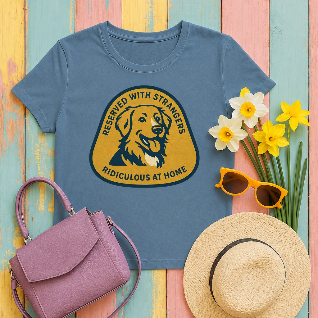 Nova Scotia Duck Tolling Retriever Reserved With Strangers T-shirt in Steel Blue