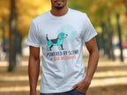 White t-shirt with dog graphic and "POWERED BY SCENT & BAD DECISIONS" text.