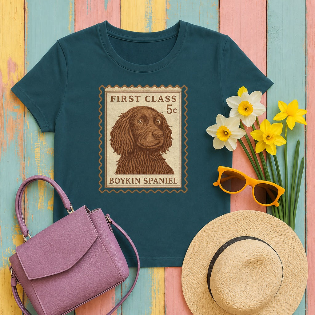Boykin Spaniel First Class Stamp T-shirt in Heather Deep Teal