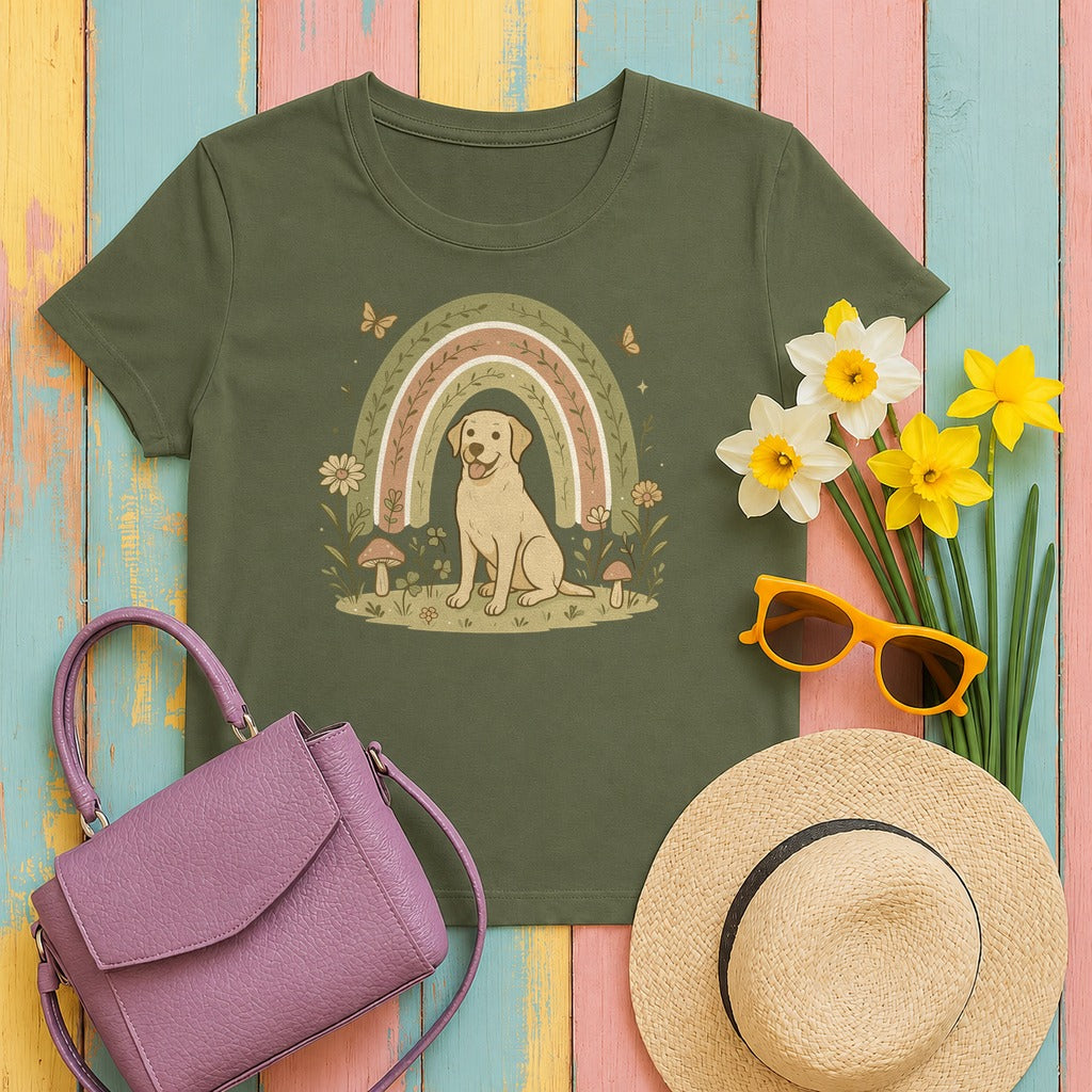 Adorable Labrador in Garden with Rainbow Graphic T-Shirt in Military Green
