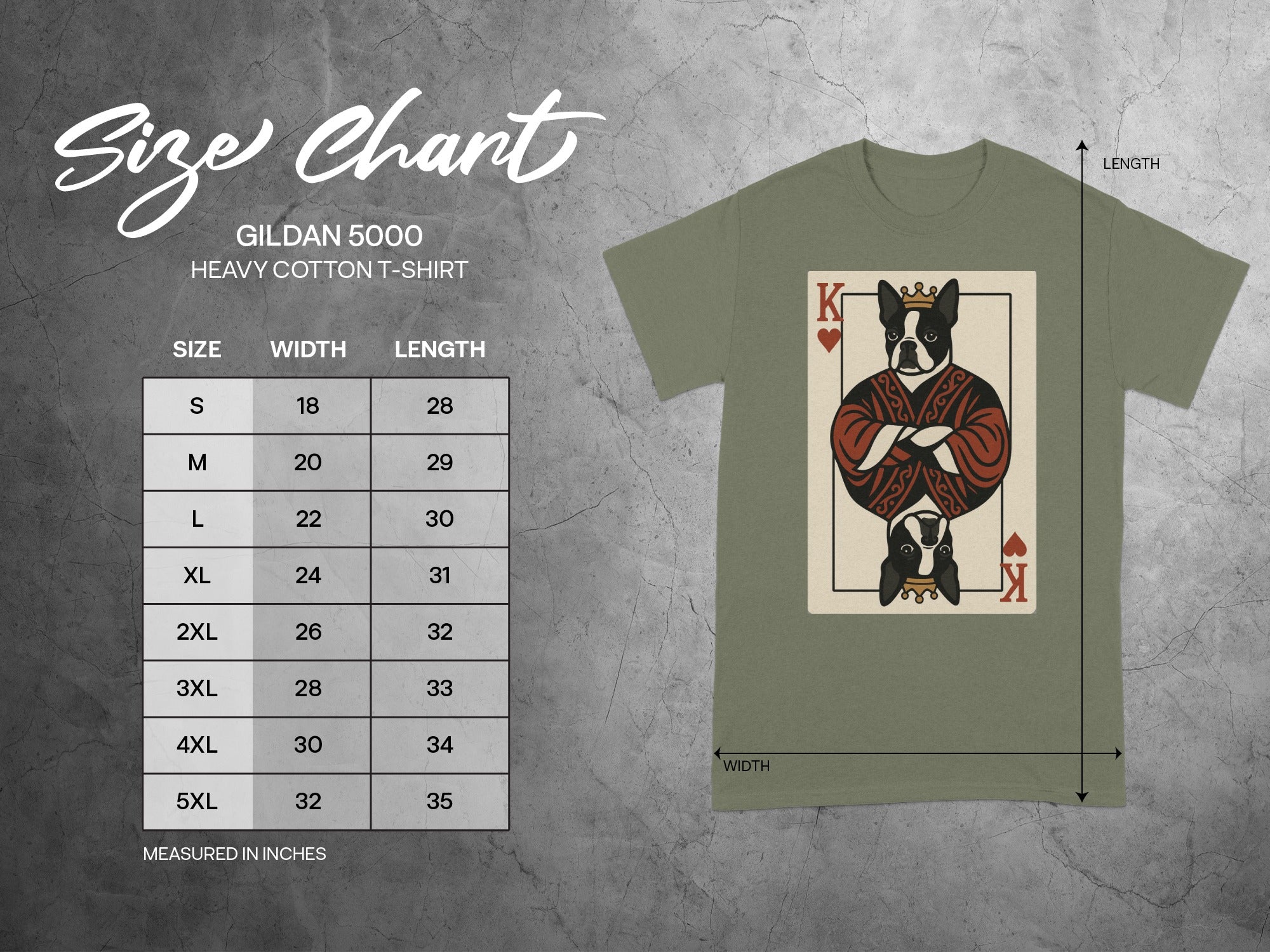 Gildan 5000 heavy cotton t-shirt size chart with width and length measurements.