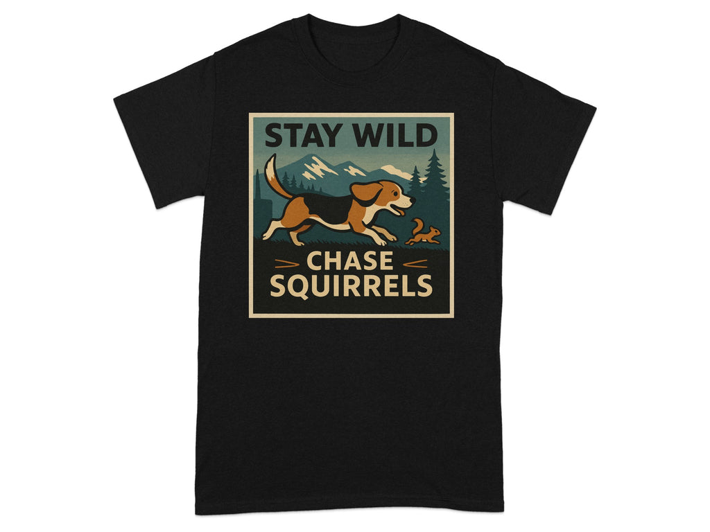 Black t-shirt with "STAY WILD CHASE SQUIRRELS" graphic featuring a dog and squirrel.