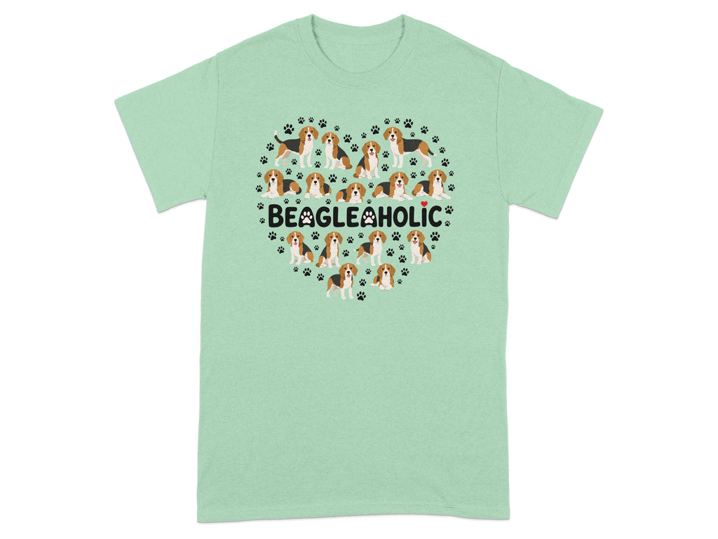 Green t-shirt with beagle dog illustration and "BEAGLEHOLIC" text in a heart shape.