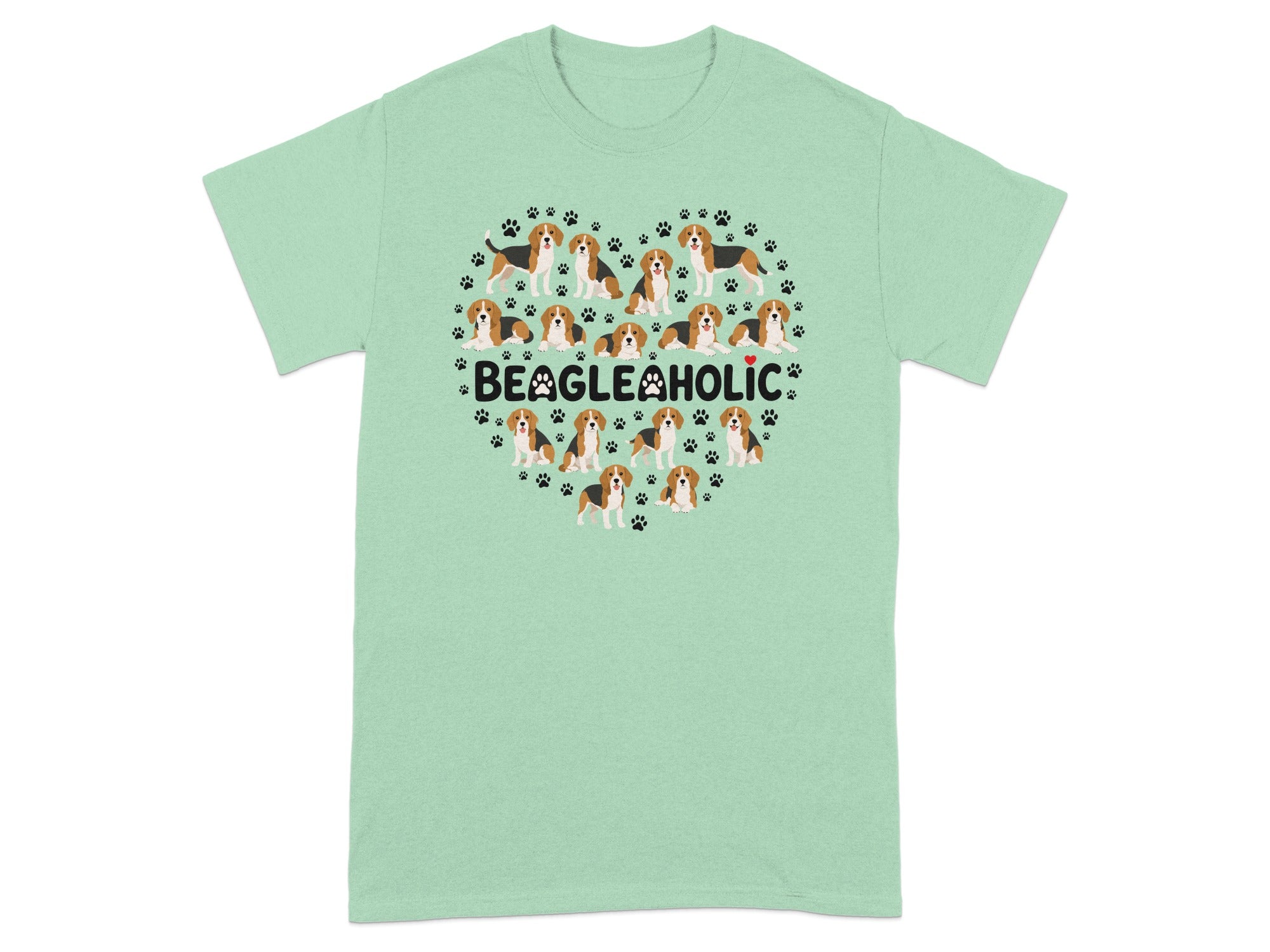 Green t-shirt with beagle dog illustration and "BEAGLEHOLIC" text in a heart shape.