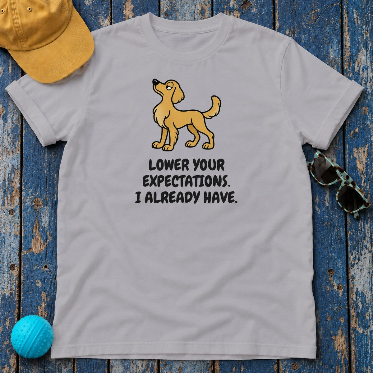 Golden Retriever Lower Your Expectations Tee in Athletic Heather