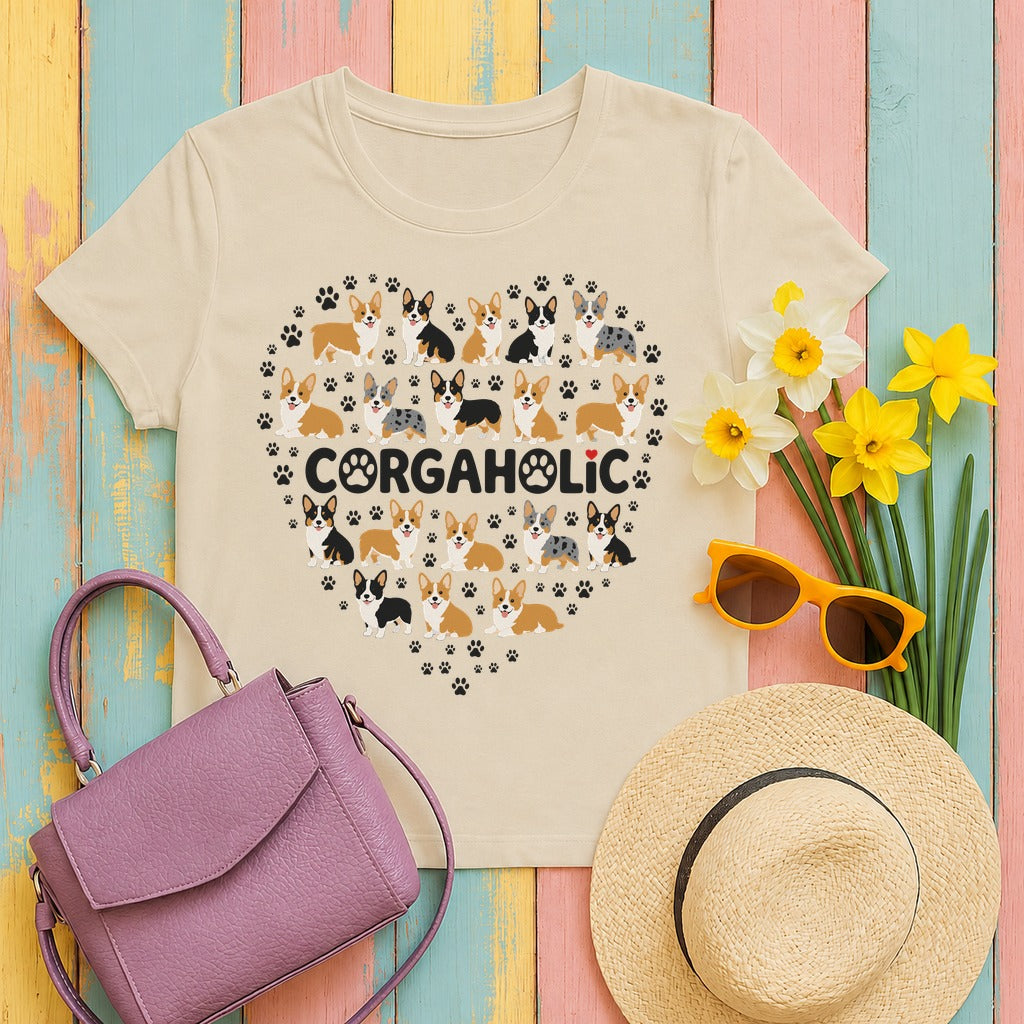 Corgi Corgaholic Heart T-Shirt in Sand
