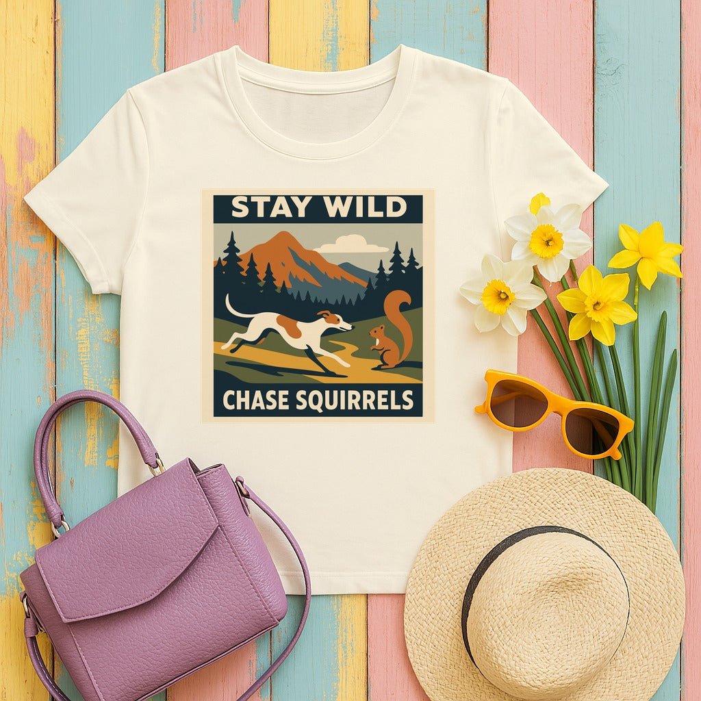Greyhound Stay Wild Chase Squirrels Tee in Natural