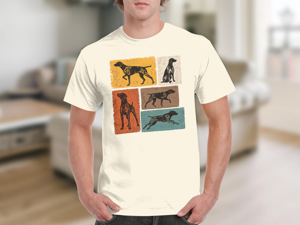 T-shirt with a graphic of five vintage German Shorthaired Pointer dog poses.