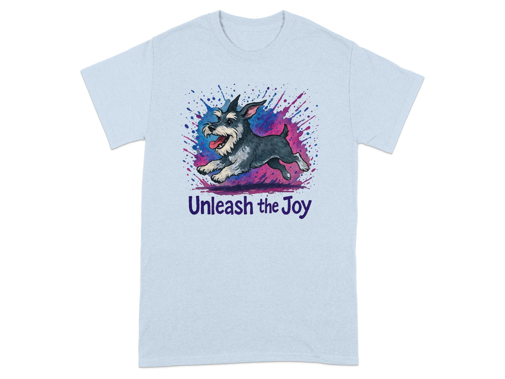 Light blue t-shirt with cartoon schnauzer and "Unleash the Joy" text.