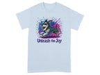 Light blue t-shirt with cartoon schnauzer and "Unleash the Joy" text.