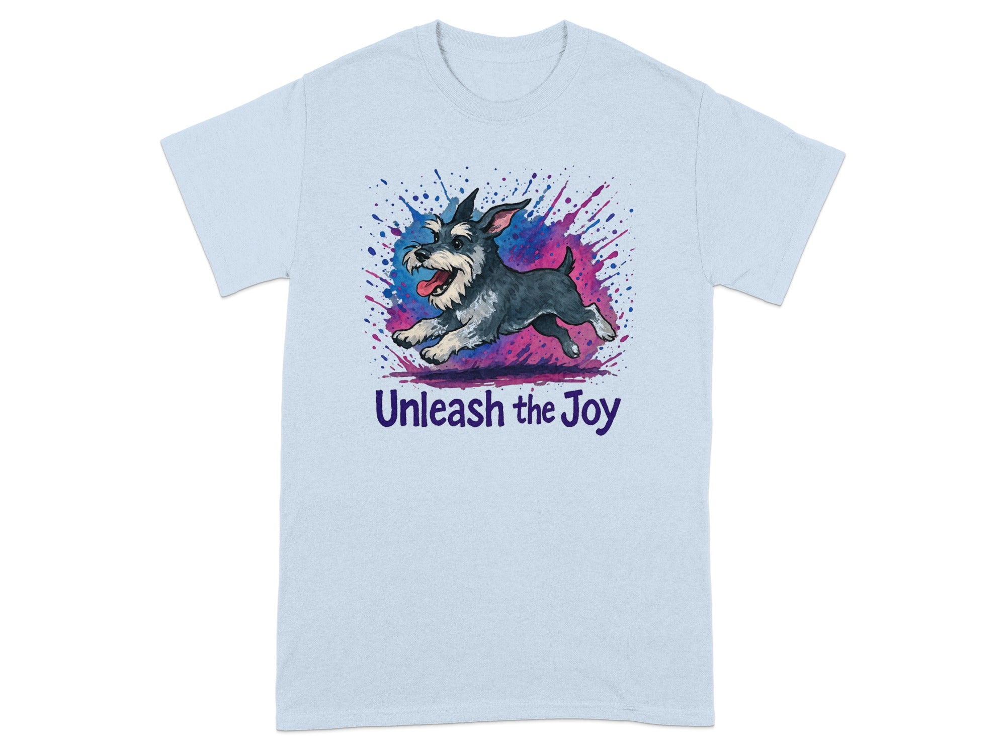 Light blue t-shirt with cartoon schnauzer and "Unleash the Joy" text.