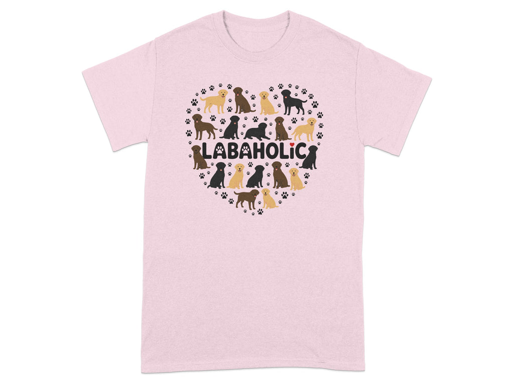 Heart-shaped design of golden retrievers and paw prints with "LABAHOLIC" text.