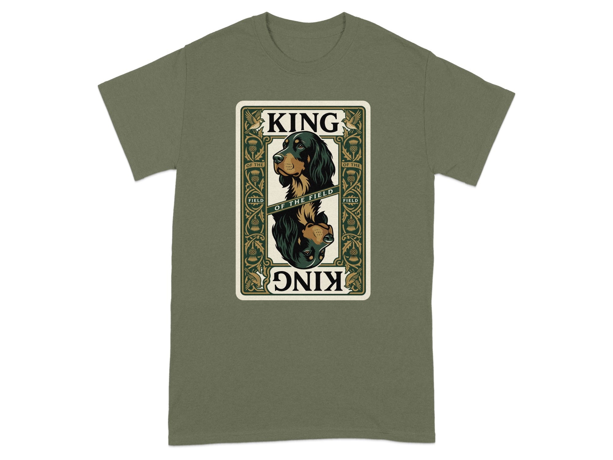 T-shirt with a regal dog and "King of the Field" text in a playing card design.