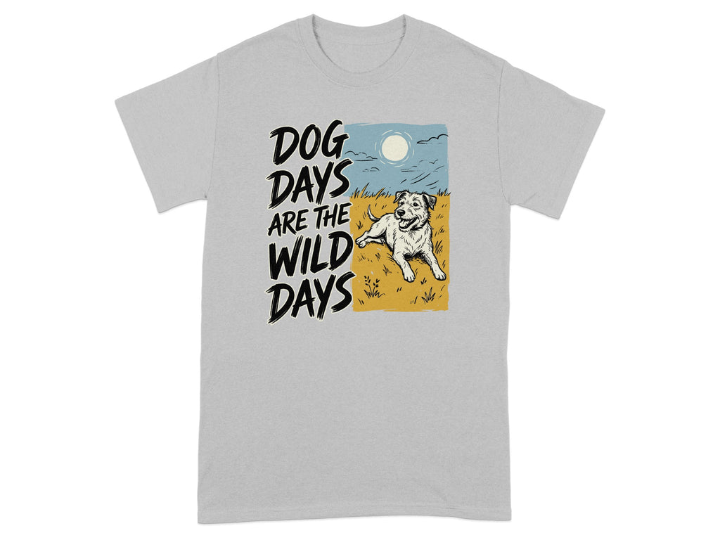Grey t-shirt with text "DOG DAYS ARE THE WILD DAYS" and a dog lying in grass.