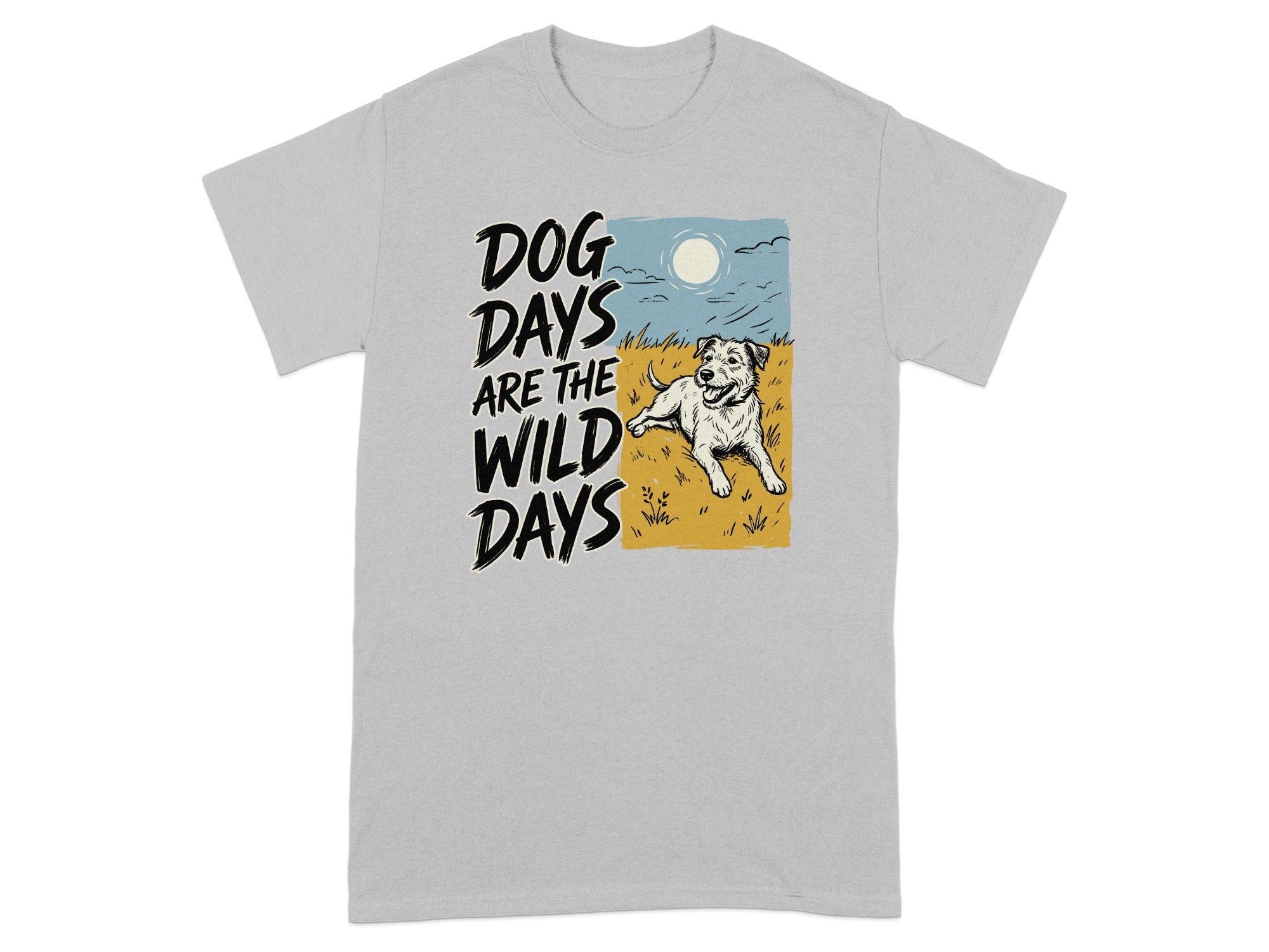 Grey t-shirt with text "DOG DAYS ARE THE WILD DAYS" and a dog lying in grass.