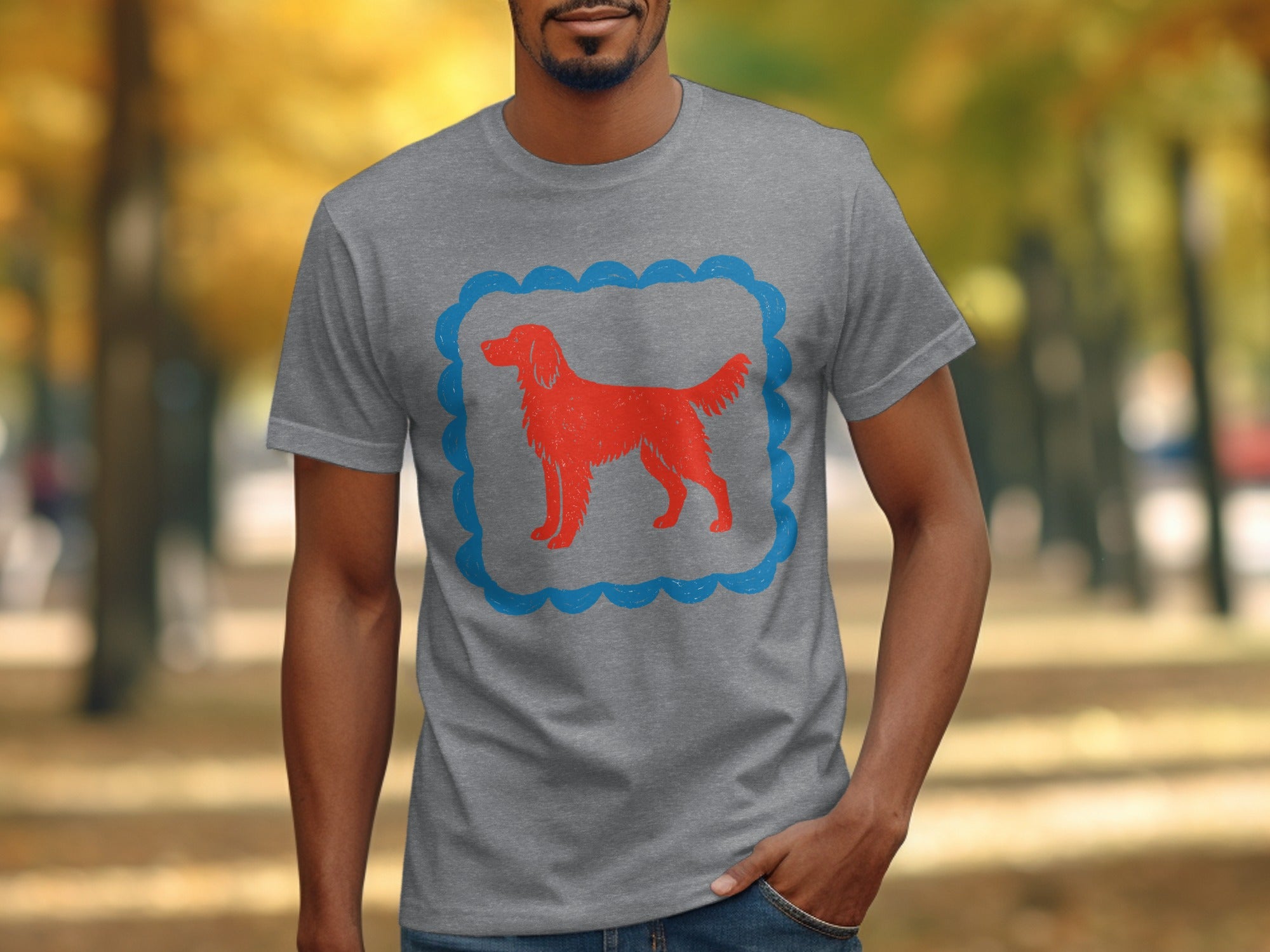 Graphic T-shirt with Red Dog Print and Blue Border Design