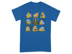 Cartoon golden retrievers engaged in various outdoor activities, including bird watching and reading books.