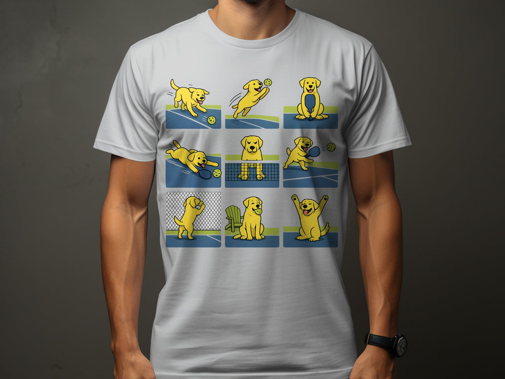 Nine comic panels show a yellow labrador playing pickleball on a blue court.