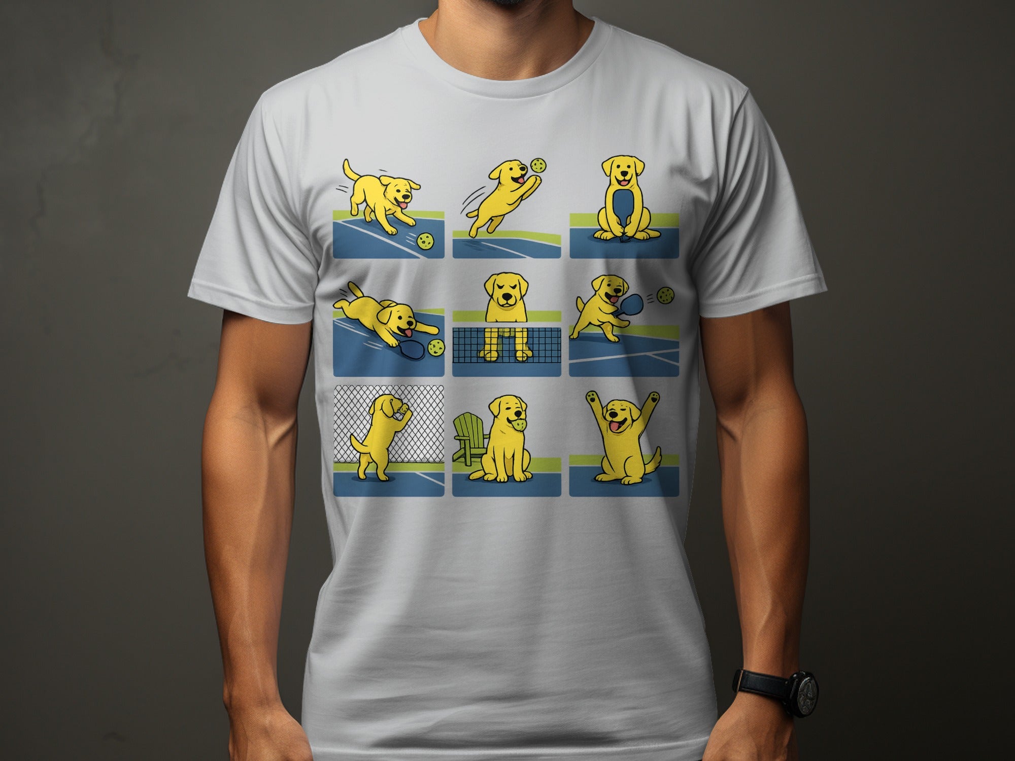 Nine comic panels show a yellow labrador playing pickleball on a blue court.