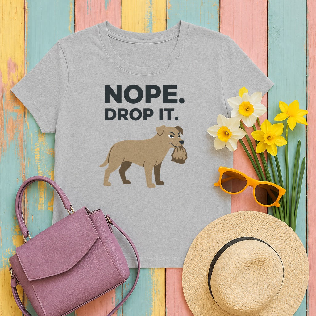 Nope Drop It Funny Dog Stubborn Canine T-Shirt in Sport Grey