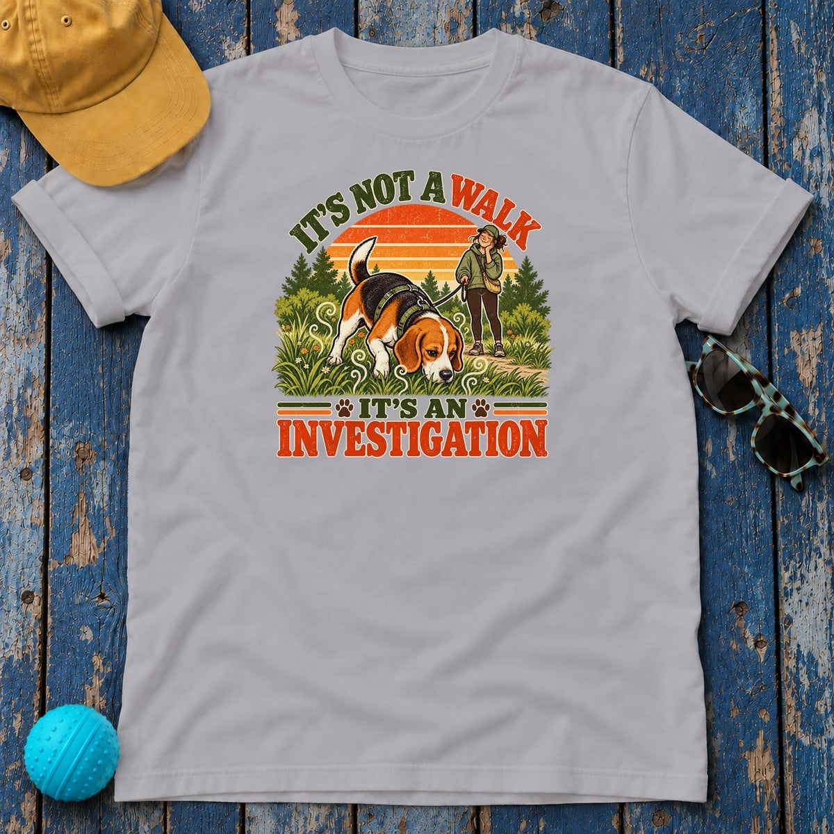 It's Not a Walk It's an Investigation Beagle T-Shirt in Athletic Heather - flat lay