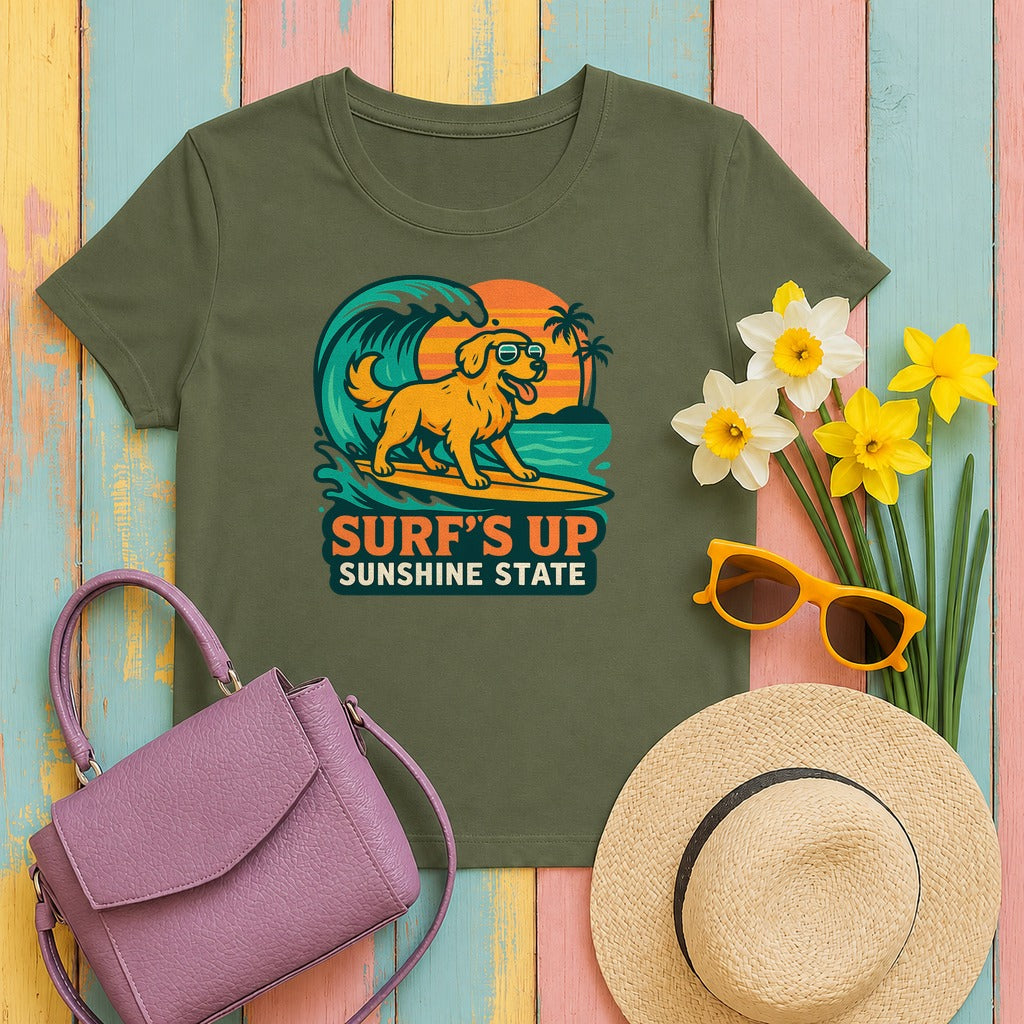 Surf's Up Sunshine State Golden Retriever Surfing T-Shirt in Military Green