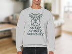 White sweatshirt with "SMART. SPUNKY. SCHNAUZY." and a dog graphic.