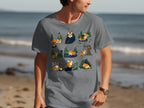 T-shirt with cartoon corgis camping, sleeping in a tent, by a campfire