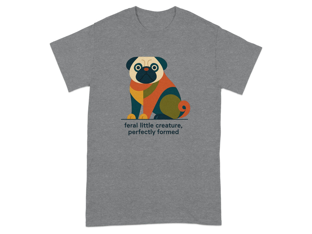 Gray t-shirt with a graphic of a colorful pug and text.