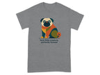 Gray t-shirt with a graphic of a colorful pug and text.