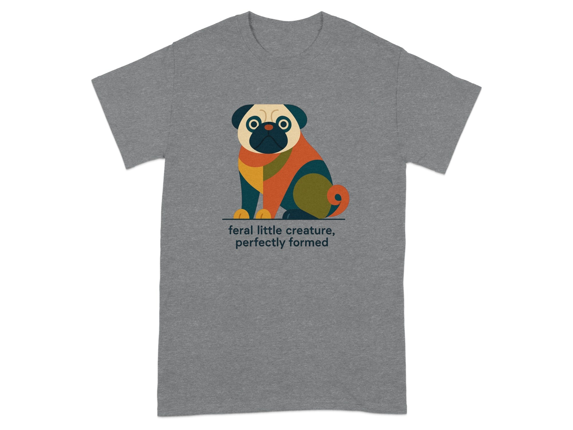 Gray t-shirt with a graphic of a colorful pug and text.