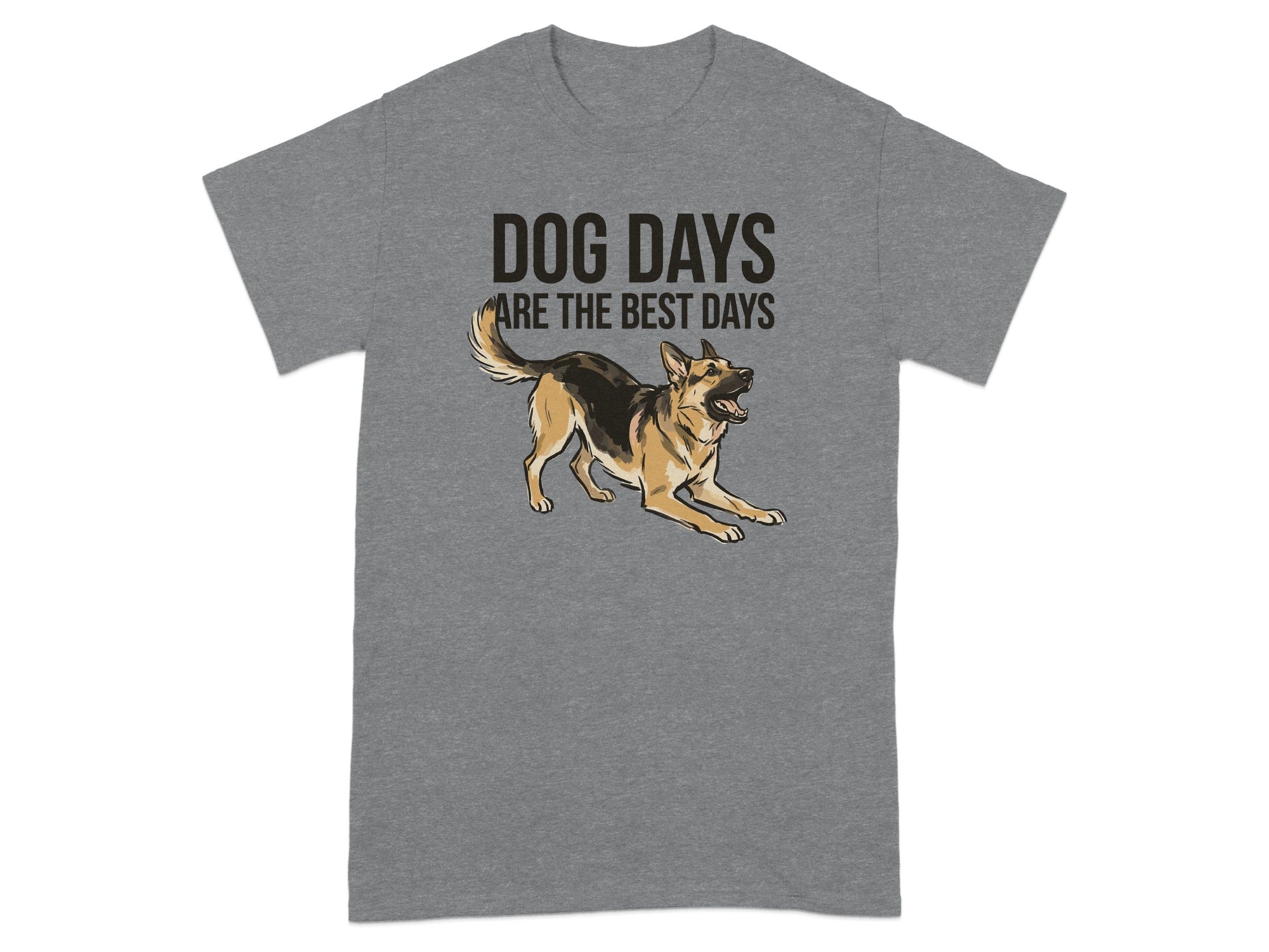Grey t-shirt with German Shepherd illustration and text "DOG DAYS ARE THE BEST DAYS".