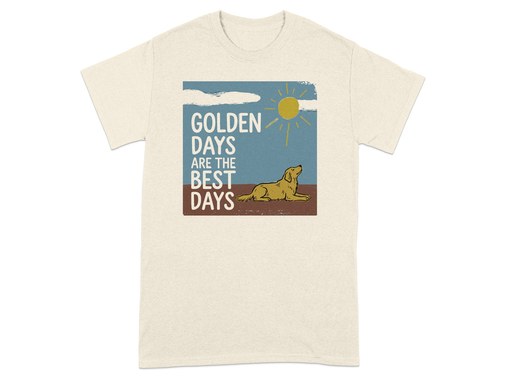 Golden Retriever dog on a shirt with "Golden Days Are The Best Days" text.