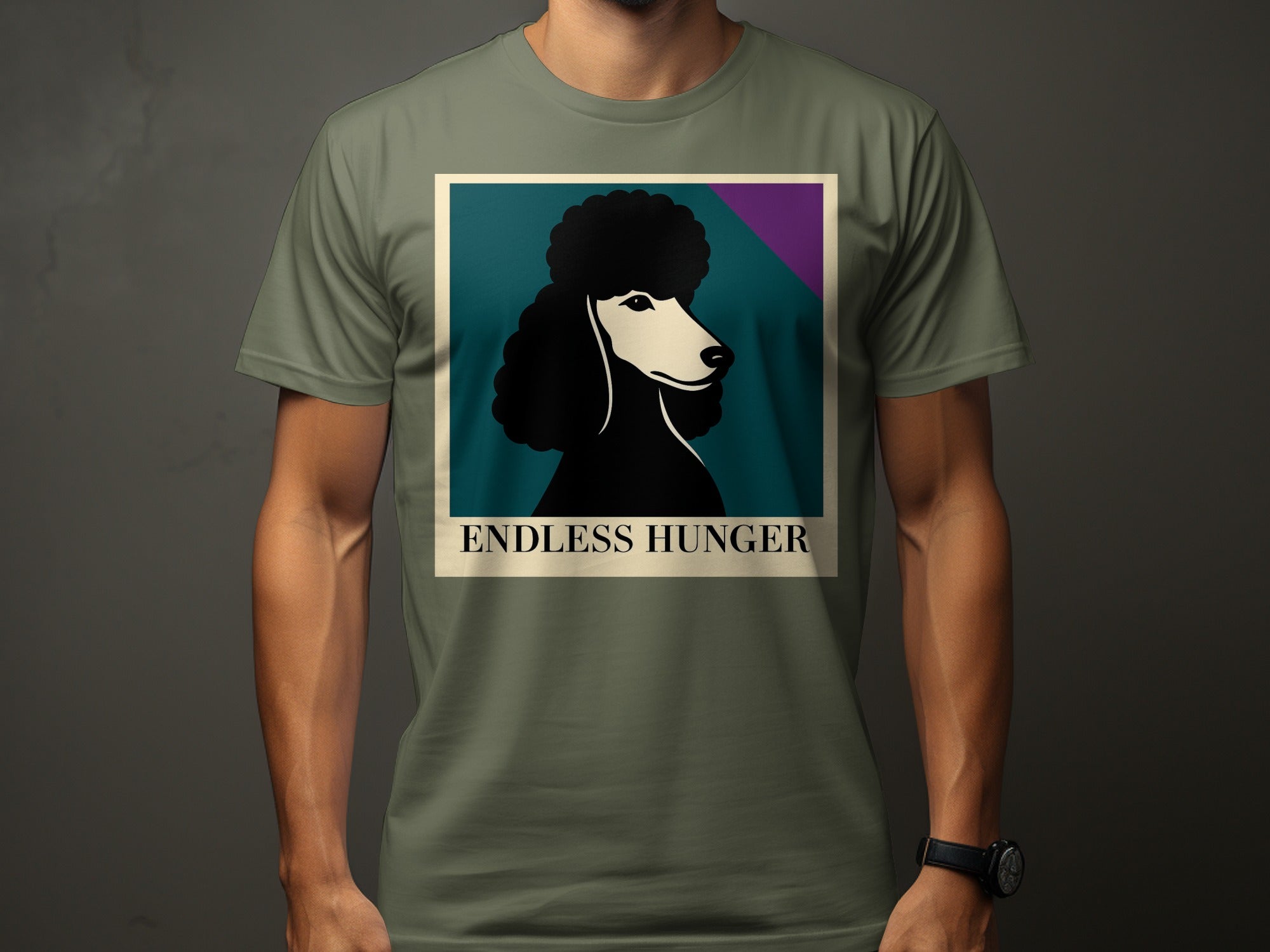Abstract graphic of a black poodle head with text "ENDLESS HUNGER".
