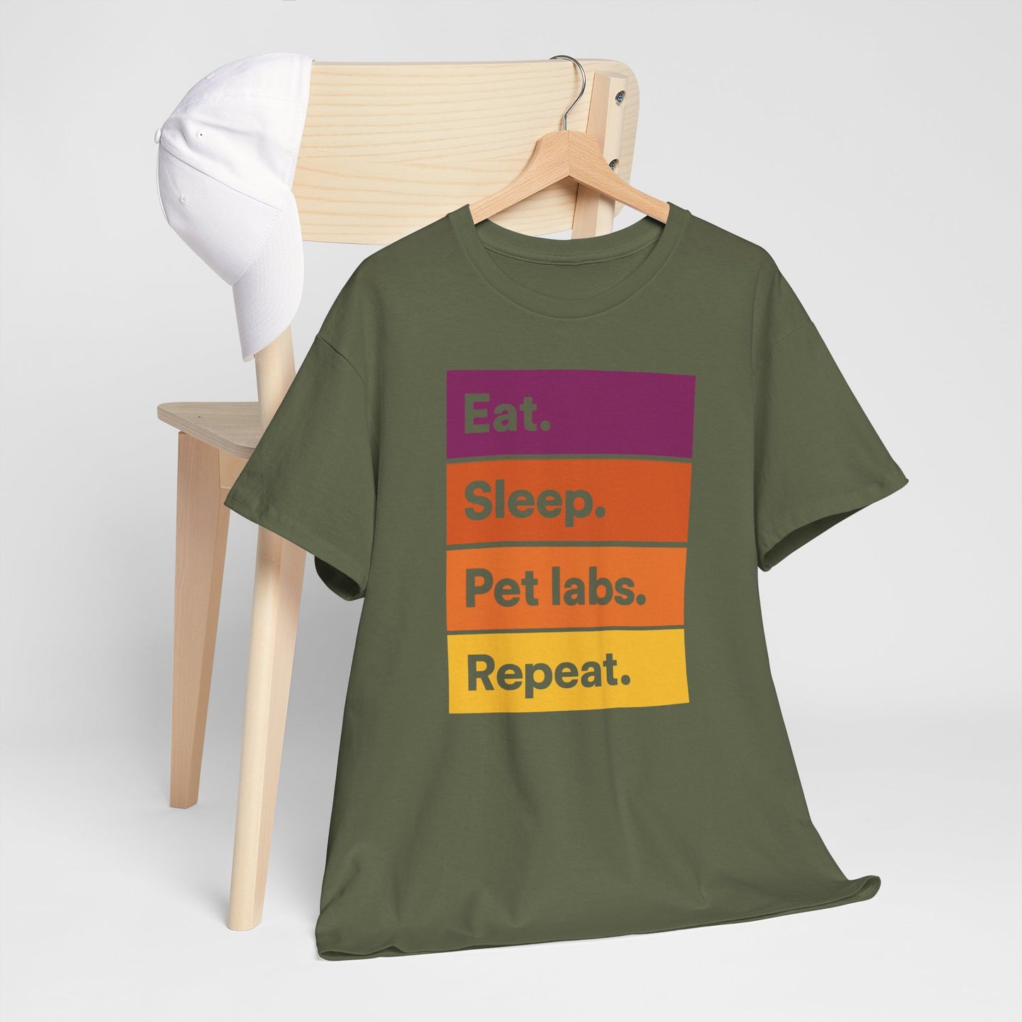 Color Block Unisex T-Shirt with Retro Sunset Colors and 'Eat Sleep Pet Labs Repeat' Text