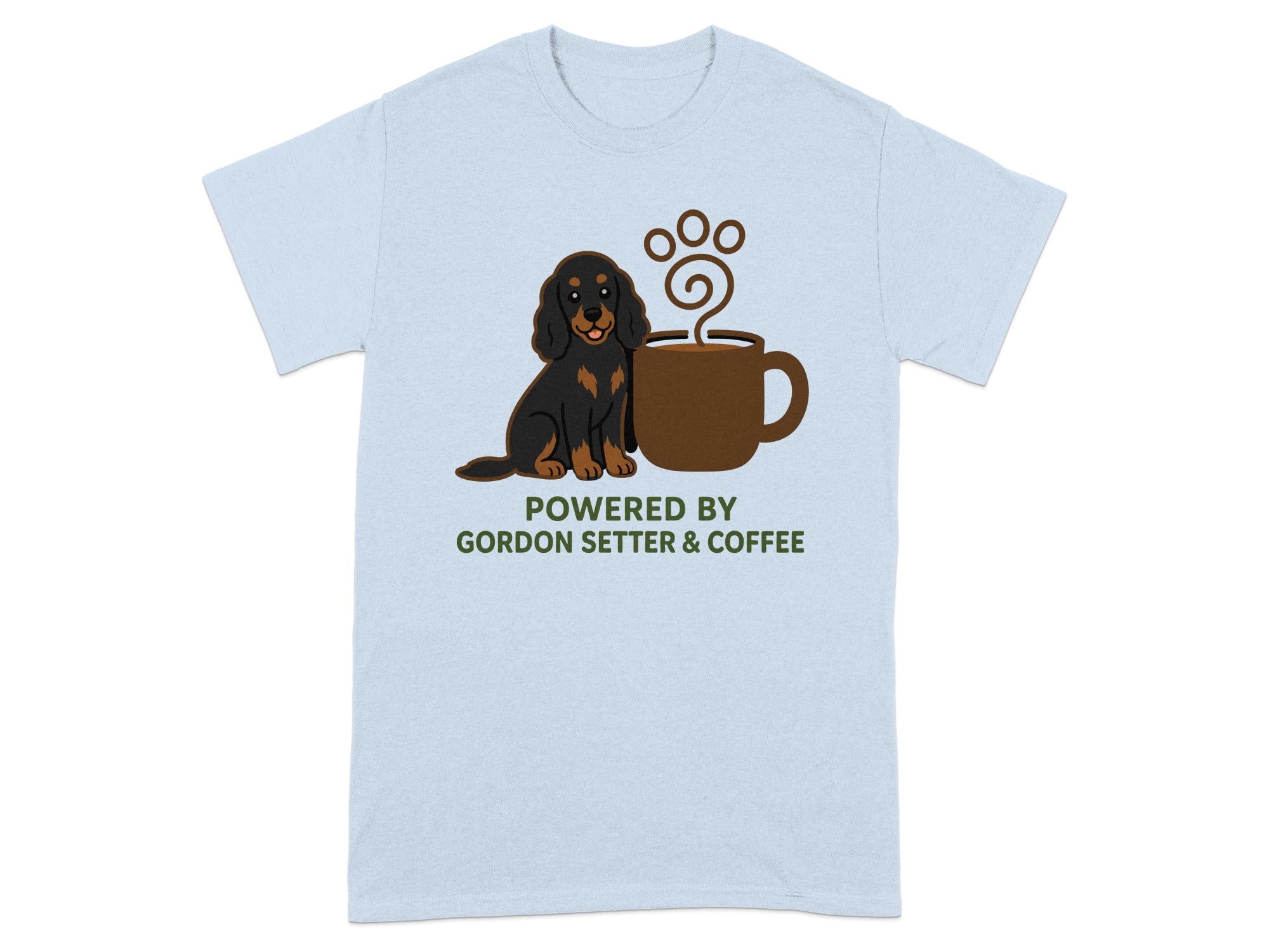 Gordon Setter dog sits next to a coffee cup with paw print steam on a light blue t-shirt.