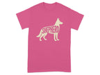 Pink t-shirt with a silhouette of a dog filled with the word "SHEPHERD".