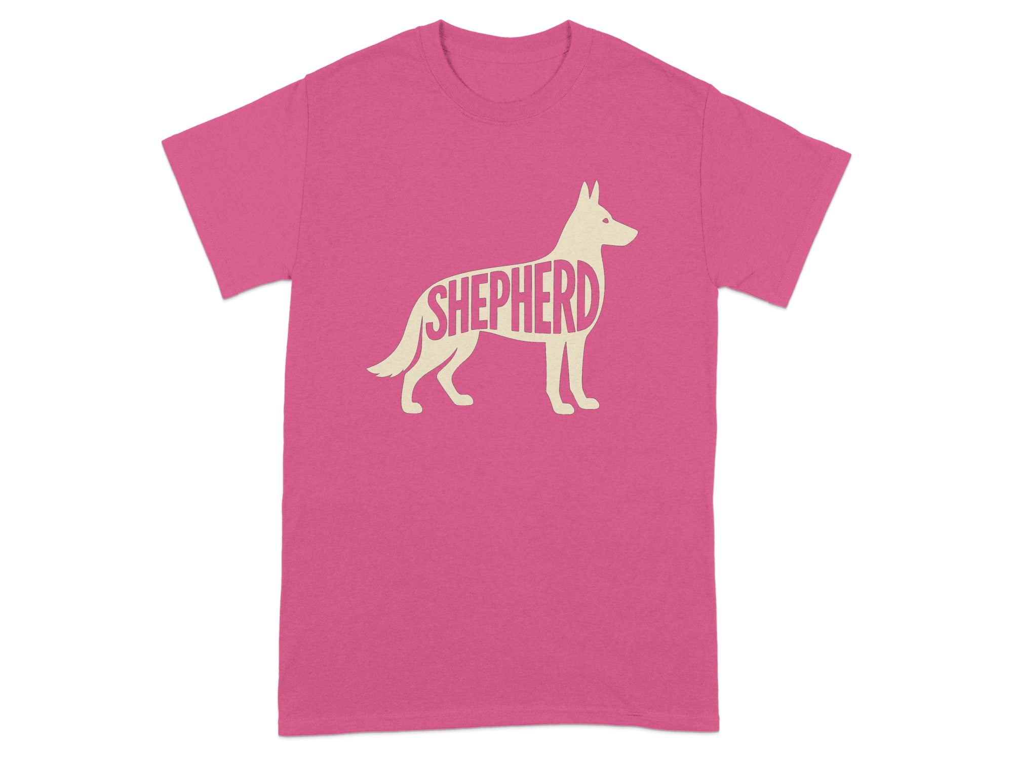 Pink t-shirt with a silhouette of a dog filled with the word "SHEPHERD".