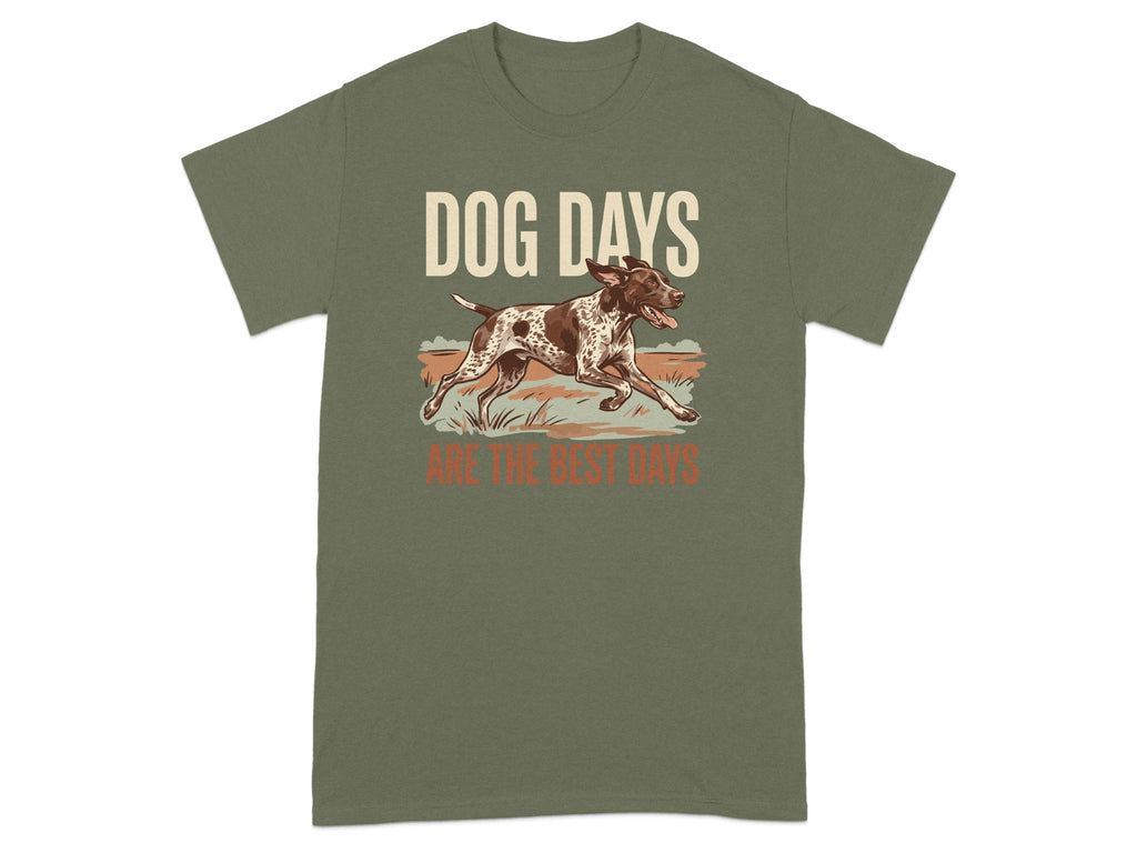 Olive green t-shirt with "DOG DAYS ARE THE BEST DAYS" and a running dog.