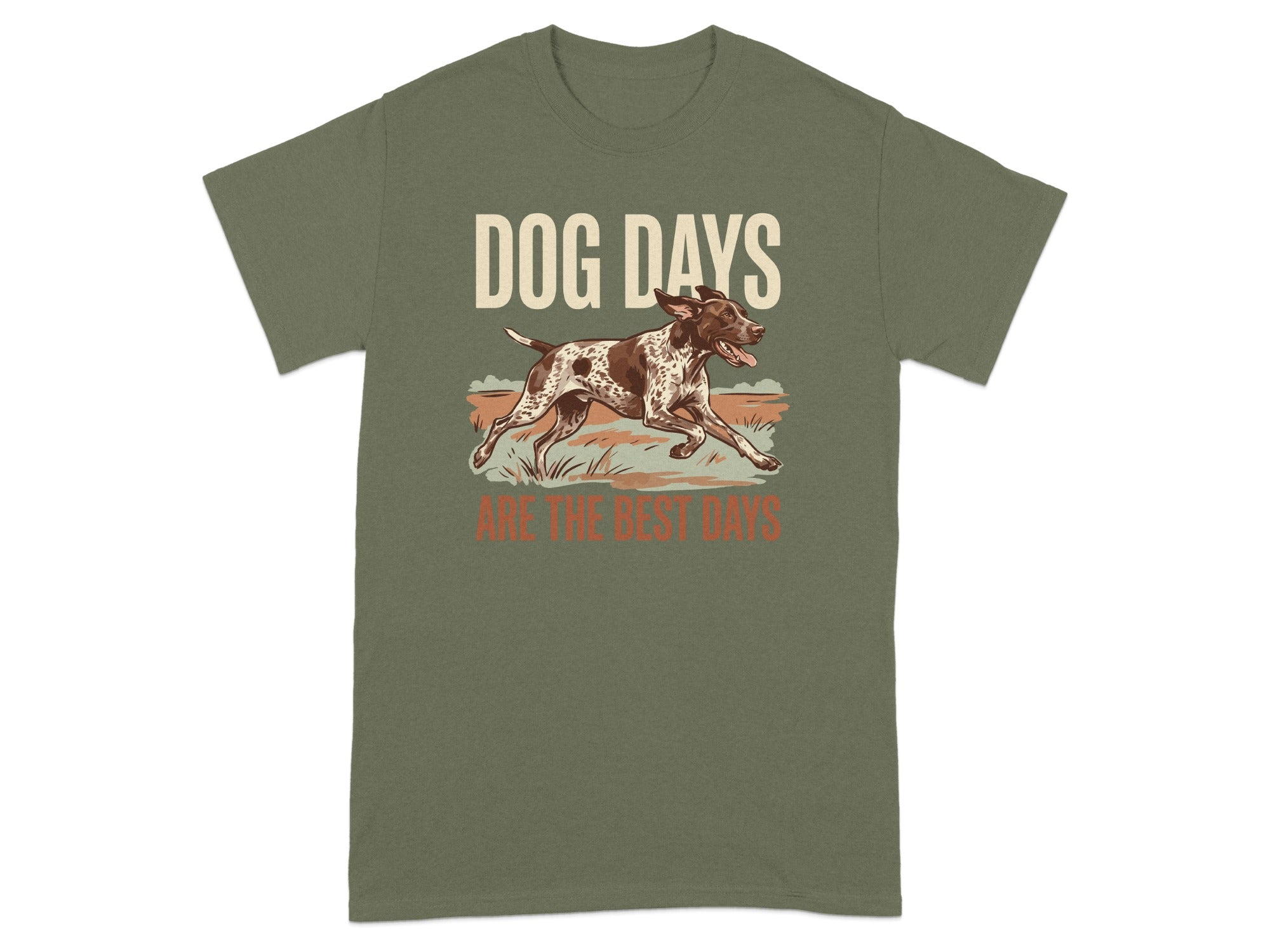 Olive green t-shirt with "DOG DAYS ARE THE BEST DAYS" and a running dog.