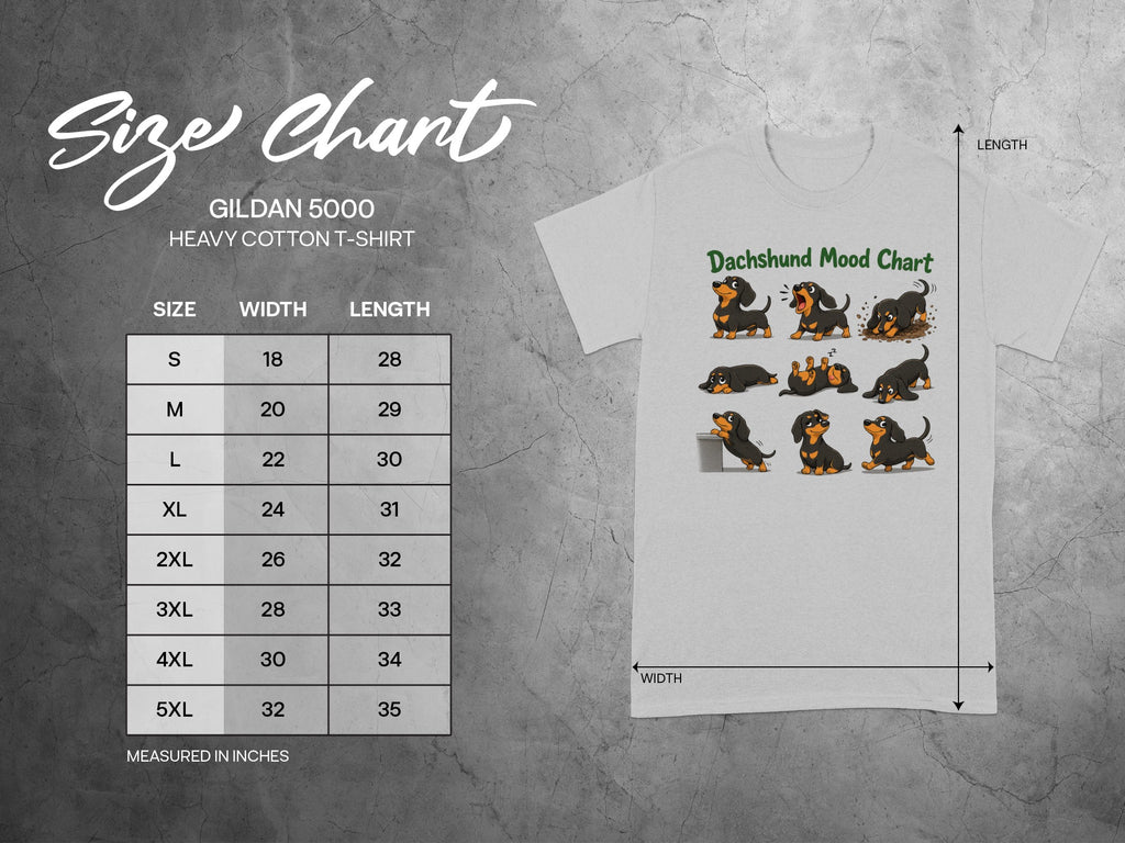 Gildan 5000 t-shirt size chart with dachshund illustrations.